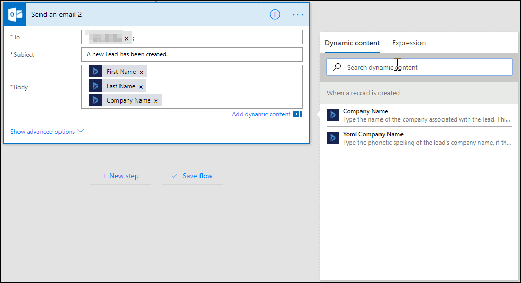 Microsoft Flow Send Email Action Screen