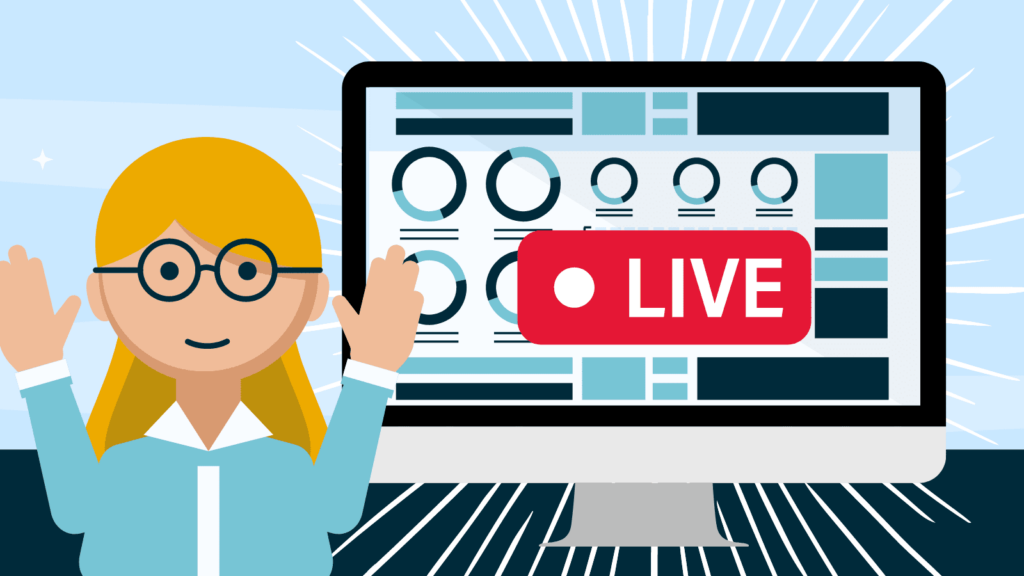 Cartoon character of female worker in front of large PC screen with 'Live' button on blue background
