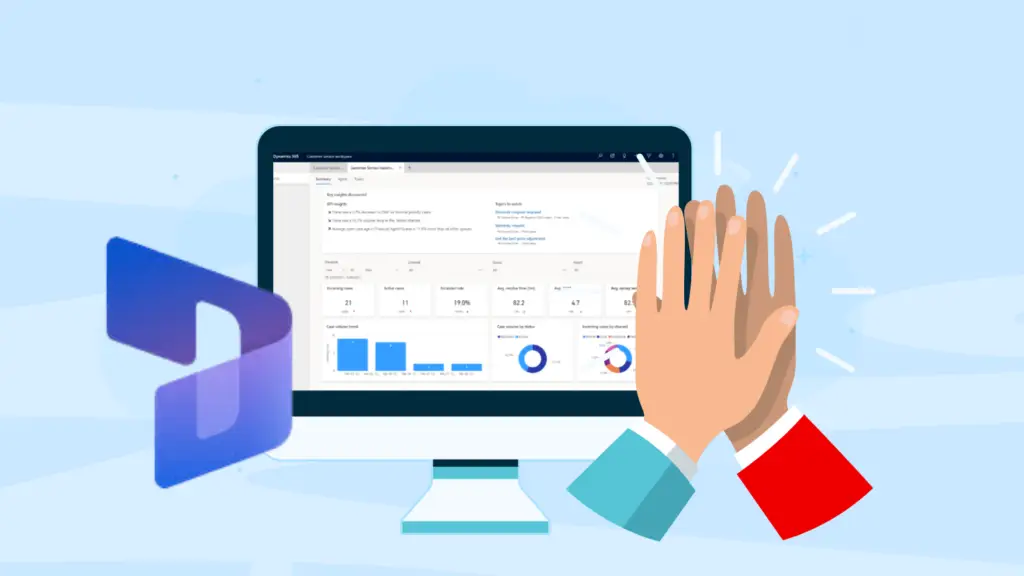 Dynamics 365 marketing on desktop device with hands high fiving and Dynamics 365 logo