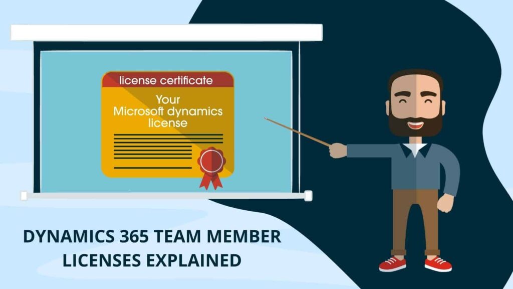 Dynamics 365 expert character stood next to projector screen showing Dynamics 365 certificate