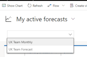 Sales Forecasting in Dynamics 365 Forecasts area showing forecast dropdown screen shot