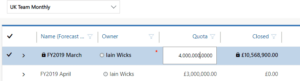 Sales Forecasting in Dynamics 365 editing quota on inline grid screen shot