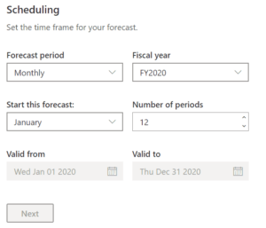 Screen shot of sales forecasting scheduling options in Dynamics 365