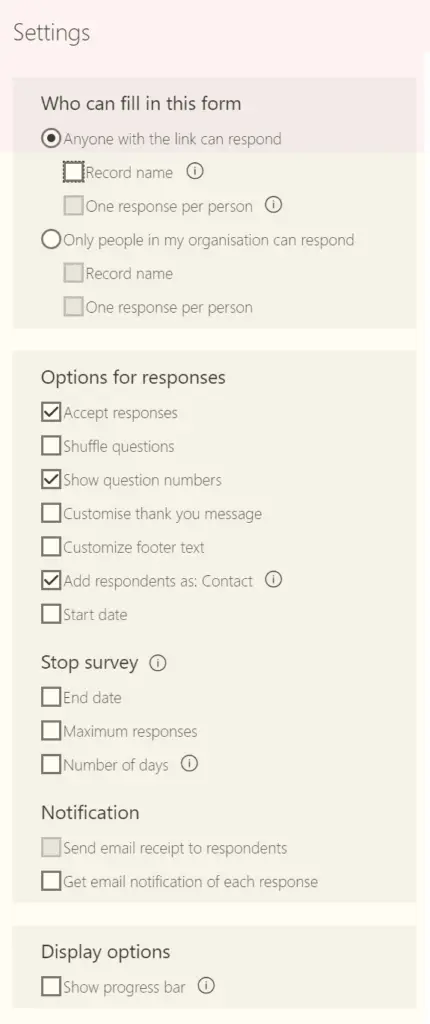Forms Pro Survey Settings page