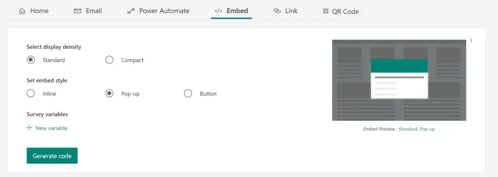 Forms Pro embed layout options with pop selected