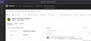 Screen shot of account record in Microsoft Teams