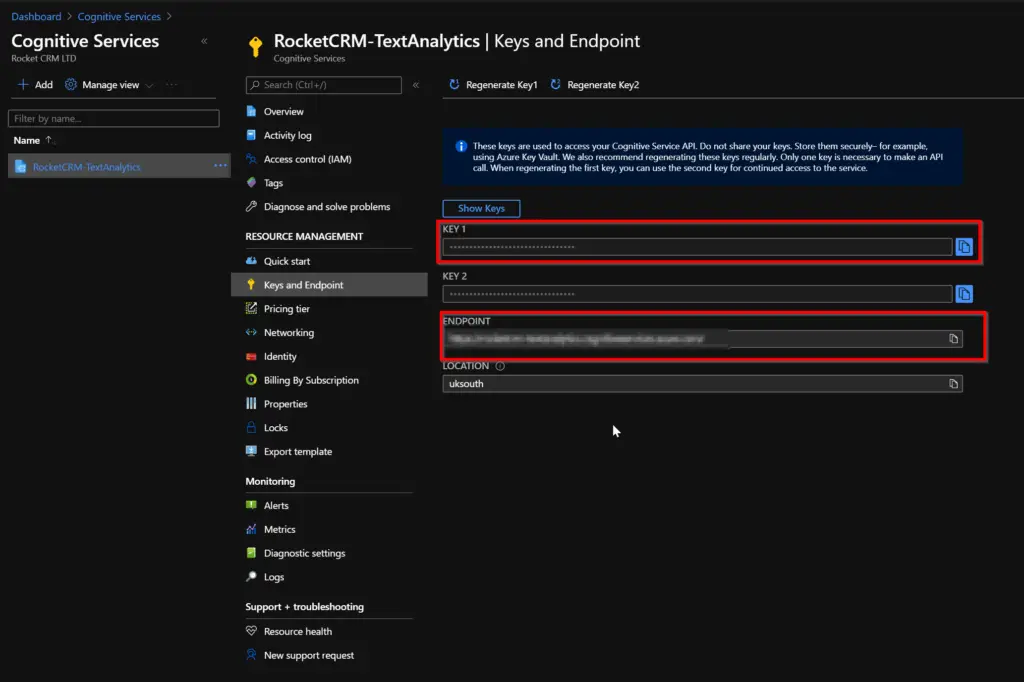 Text Analytics Key and Endpoint