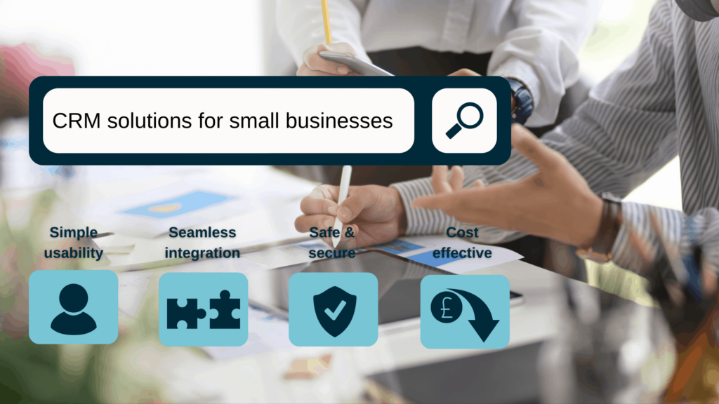 Simple CRM solutions for small businesses in search bar with blue icons against picture of business meeting