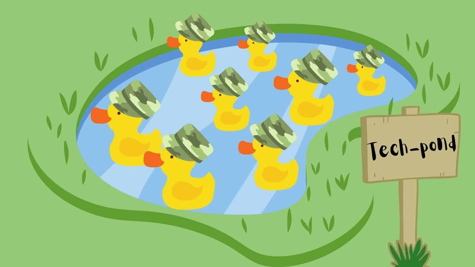 army of tech ducks in pond