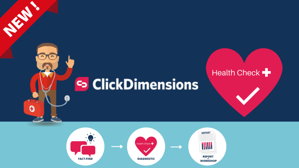 illustration of male character with health kit next to ClickDimensions logo and Health Check icon with 'fact-find', 'diagnostic' and 'report' icons. on blue background.
