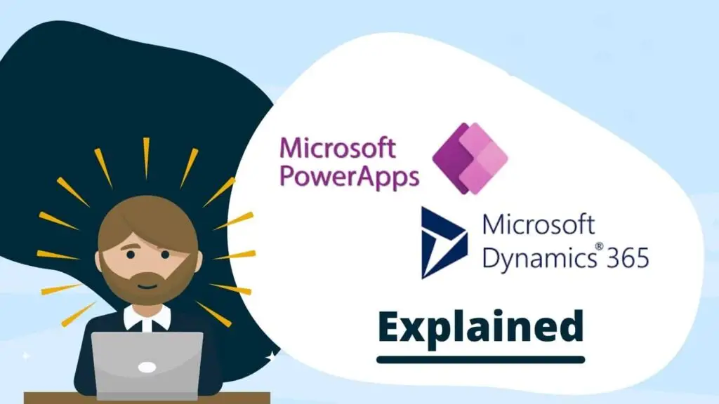 Business owner on laptop. Microsoft Power Apps and Microsoft Dynmaics 365 logos in the backgorund against blue white and dark blue