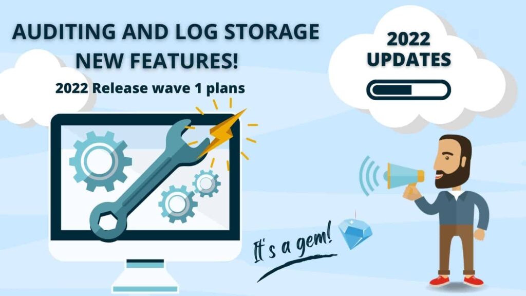 Illustration of male chracter with megaphone next to large desktop screem showing spanners and cogs with lightening bolt and title ' Auditing and log storage new features'