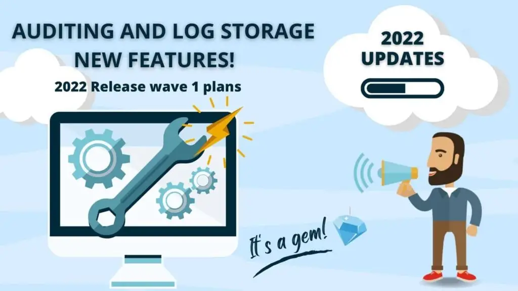 Illustration of male chracter with megaphone next to large desktop screem showing spanners and cogs with lightening bolt and title ' Auditing and log storage new features'