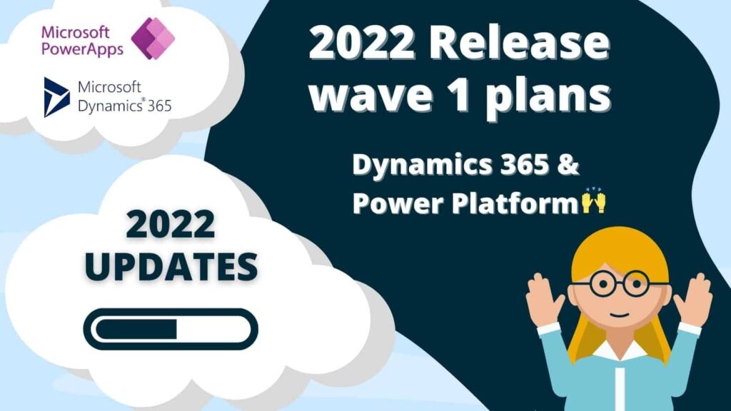 Cloud illustration with female character and text '2022 release wave 1 plans' against blue background with Dynamics 365 logo