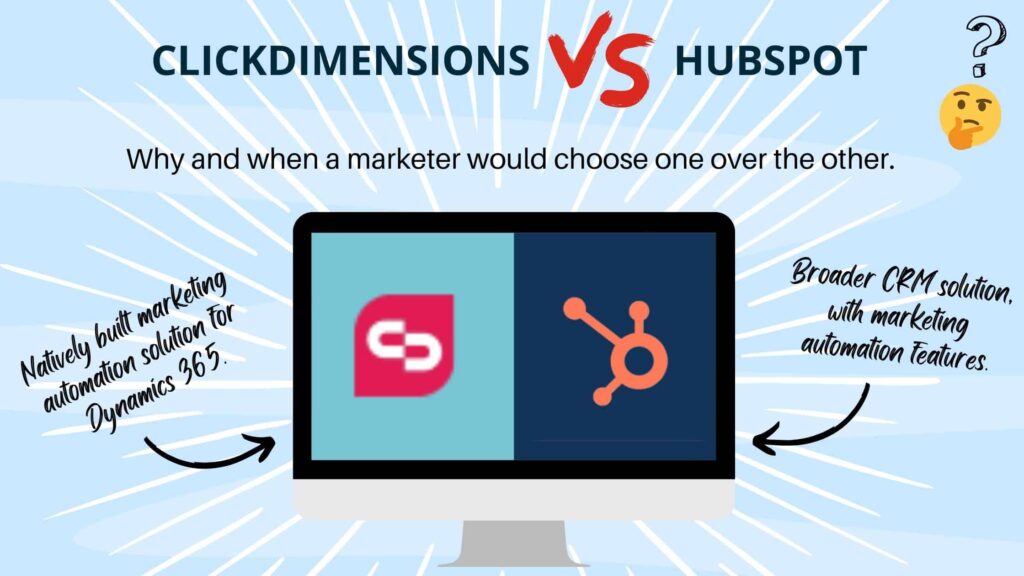 Hubspot and ClickDimensions logo on desktop screen against blue background with title 'Clickdimensions Vs Hubspot'