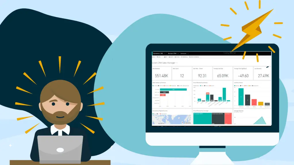 illustration of male character working on laptop with bright sparks on blue background. Next to large monitor shjowing Dynamics 365 software and lightening bolt.