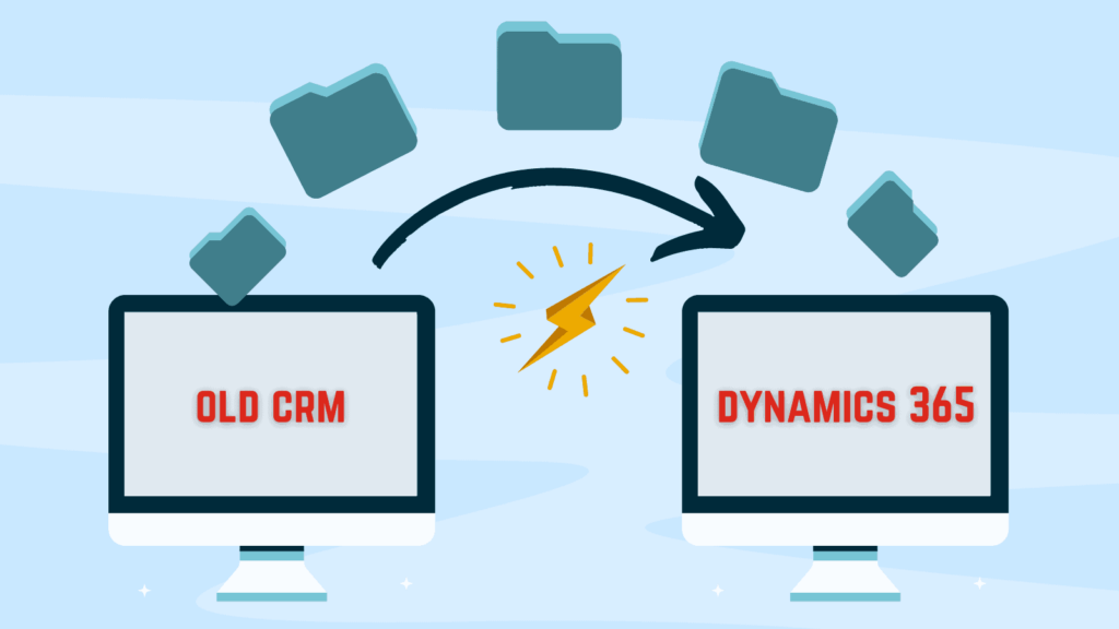 illustration of files moving from 'old crm' to 'dynamics 365' crm. with lightening bolt on pale blue background