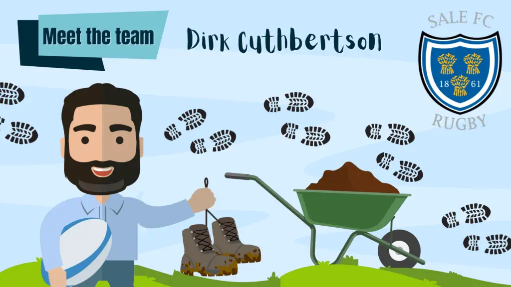 Meet the team - Dirk Cuthbertson. Male character next to wheelbarrow holding muddy boots and sale FC badge.