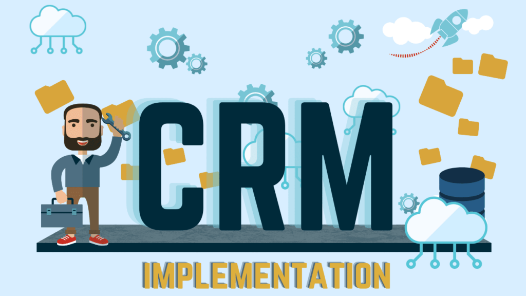 CRM implementation text with yellow folders, cogs and clouds with male crm technician character holding spanner on blue background.