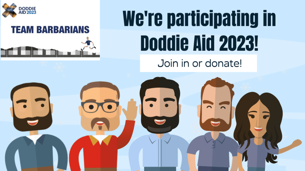 Rocket CRM characters lined up celebrating Doddie Aid 2023 challenge on blue background.