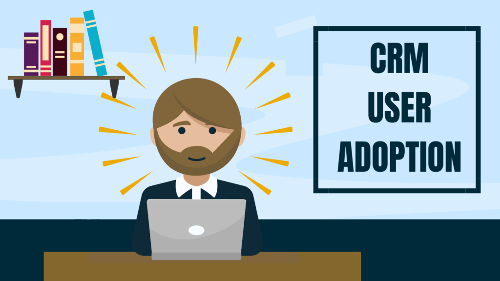 employee character sat at desk using laptop. pale blue backgorund and text 'crm user adoption'