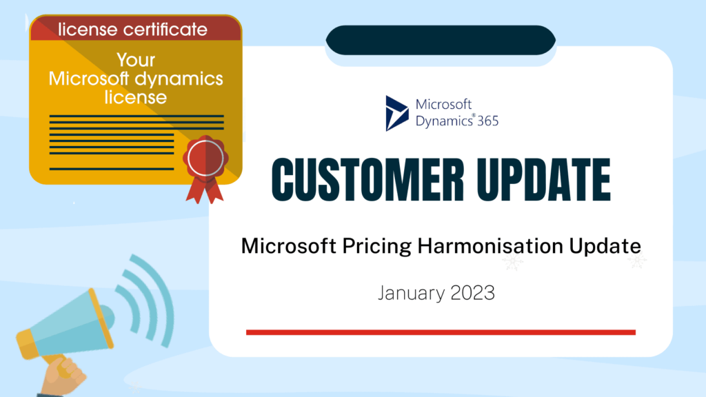 Notice board graphic with text 'customer update Microsoft Pricibg Harminisation 2023. With license certificate icon and megaphone grpahic on pale blue background