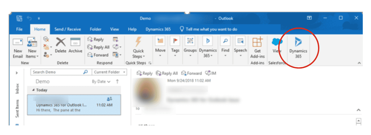 Screen shot of Dynamics 365 plugin for Outlook.