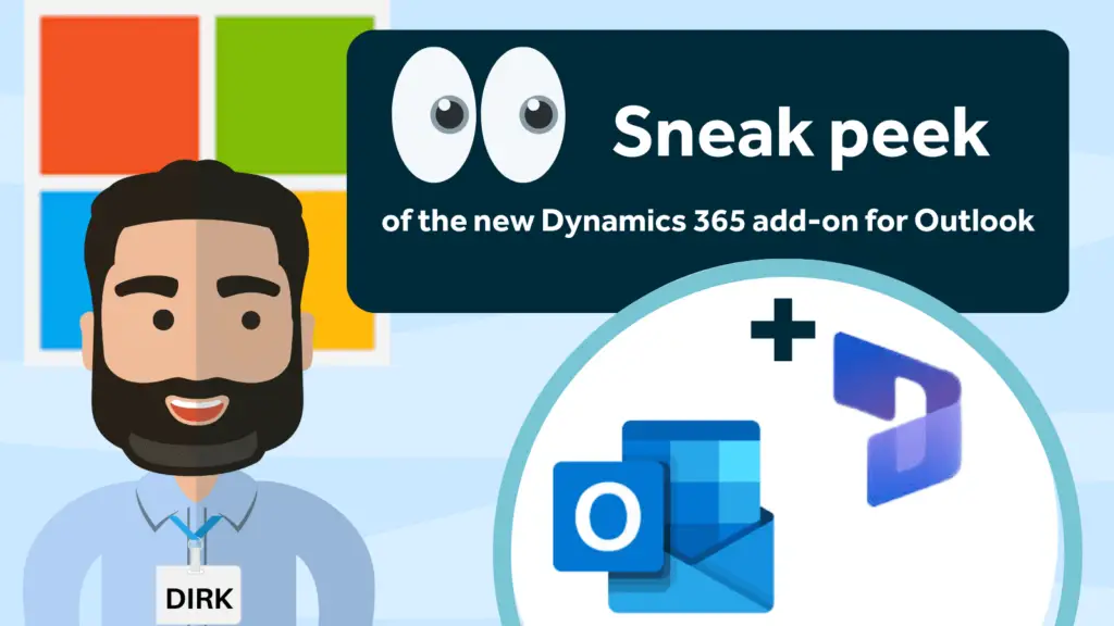Illustration of the new outlook Dynamics functionality with Microsoft, Dynamics and Outlook logos with male character