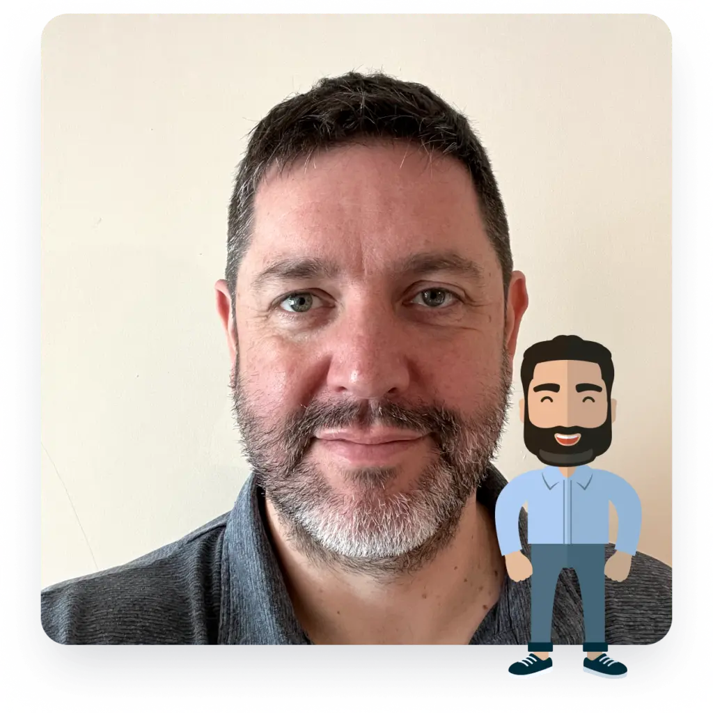 Headshot of Dirk Cuthbertson, Dynamics 365 and Click Consultant, shown with small illustration of himself in front, to the right.