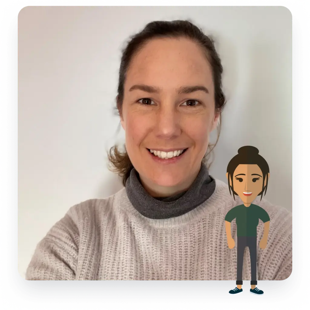 Headshot of Francesca Sutton, Dynamics 365 Consultant at Rocket CRM, shown with small illustration of herself in front, to the right.