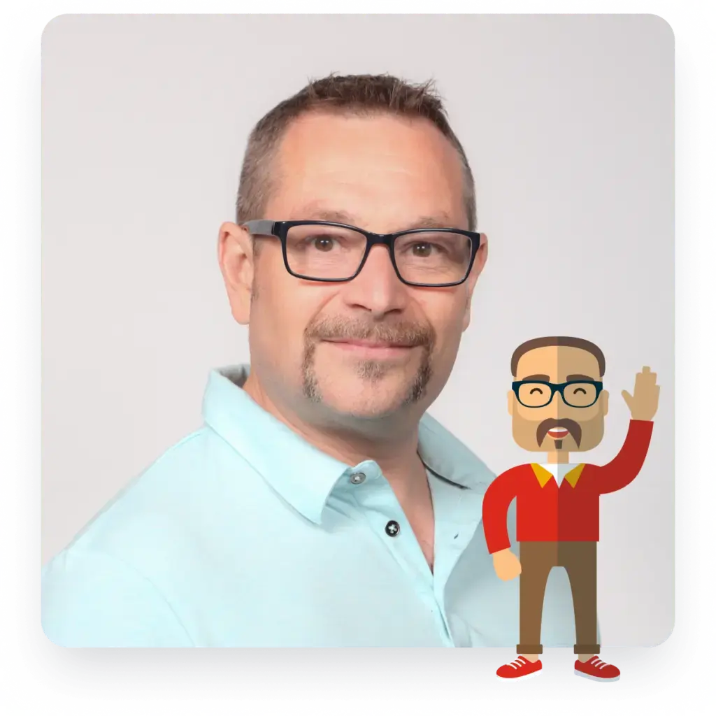 Headshot of Iain Wicks, founder and director of Rocket CRM, shown with small illustration of himself in front, to the right.