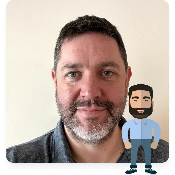 Headshot of Dirk Cuthbertson, Dynamics 365 and Click Consultant, shown with small illustration of himself in front, to the right.
