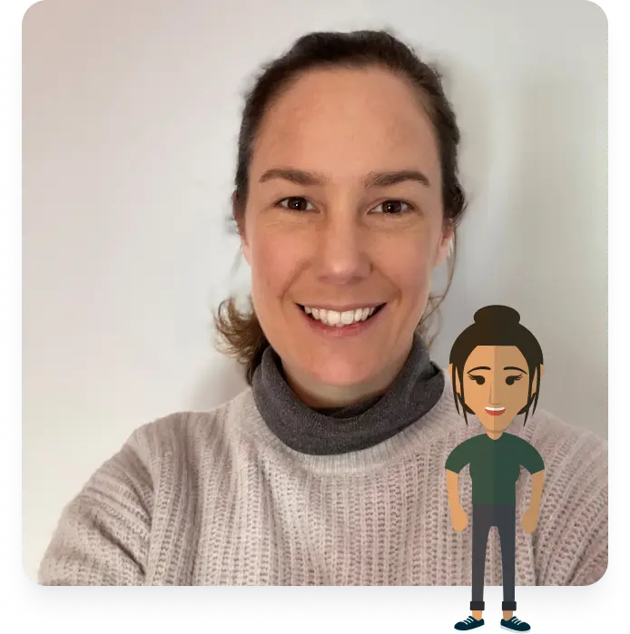 Headshot of Francesca Sutton, Dynamics 365 Consultant at Rocket CRM, shown with small illustration of herself in front, to the left.