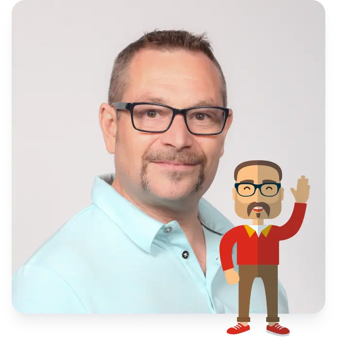 Headshot of Iain Wicks, founder and director of Rocket CRM, shown with small illustration of himself in front, to the left.