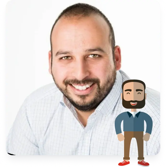 Headshot of Kyle McKie, founder and director of Rocket CRM, shown with small illustration of himself in front, to the right,