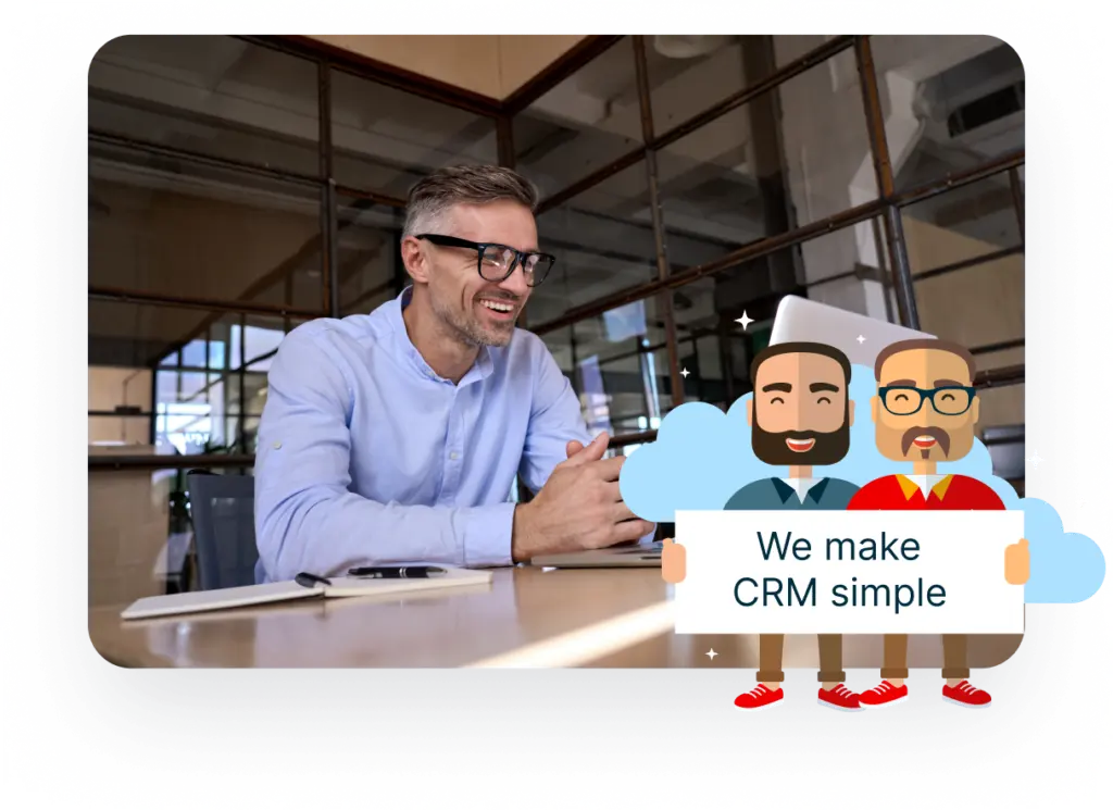 A businessman at a desk smiles at his laptop, with Iain and Kyle in a cloud illustration, showcasing Rocket CRM's mission: 'We make CRM simple.'