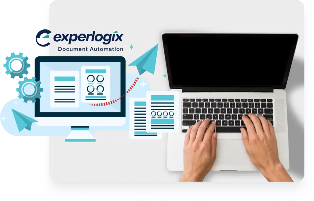 Experlogix document automation logo with desktop illustration next to person on laptop