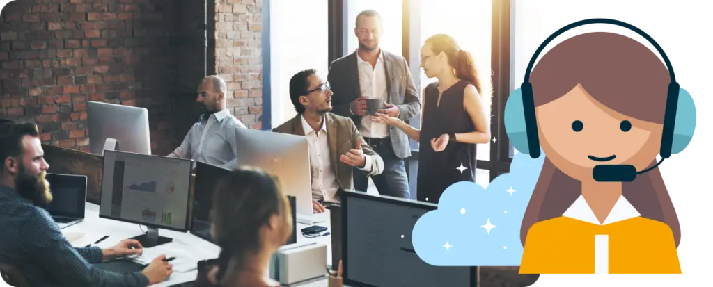 Colleagues engaged in conversation in a busy office, with an illustration of CRM support and clouds representing cloud CRM software.