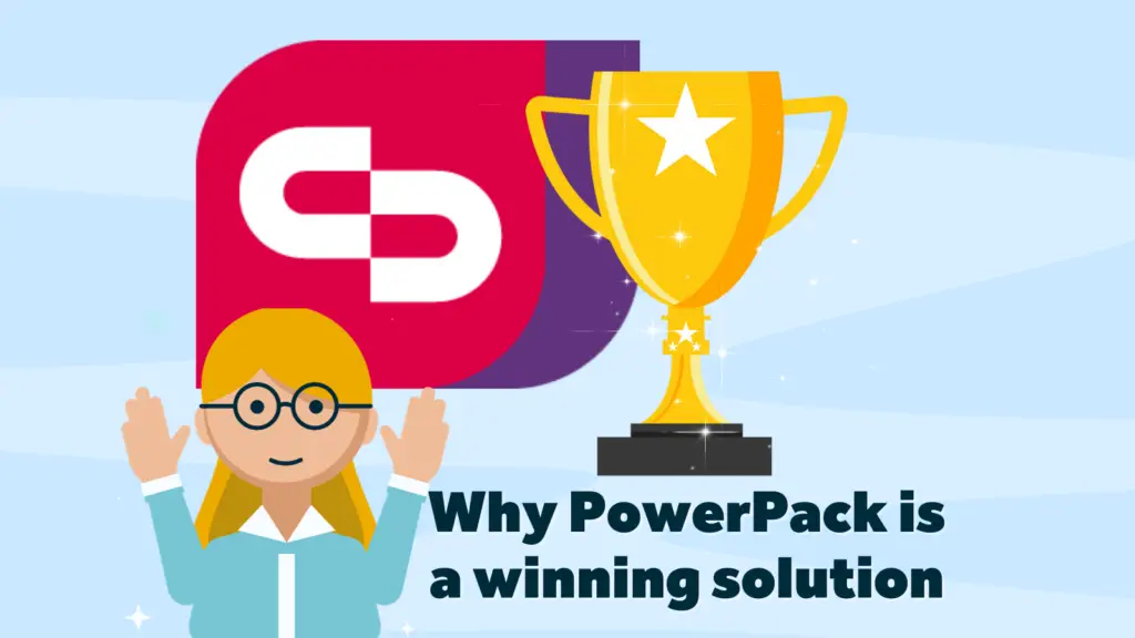 Click logo next to large trophy and female character with hands in the air in celebration. Next to title: Why PowerPack is a winning solution.