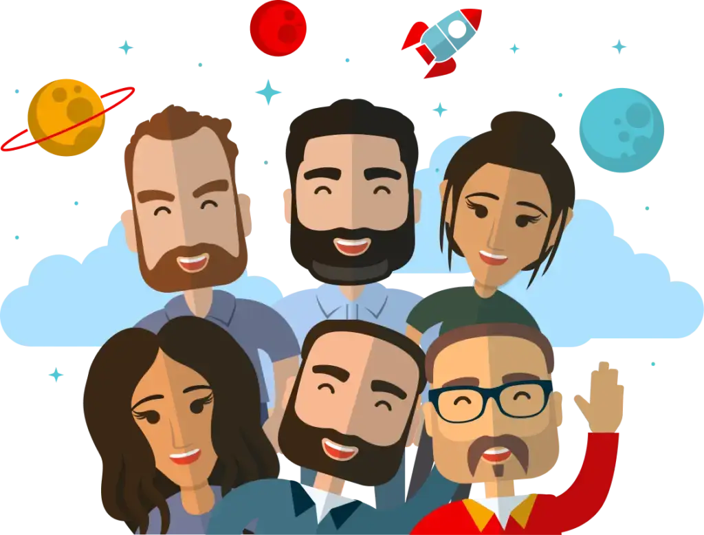 Rocket CRM team members as avatars with clouds, rockets and planets in the background.