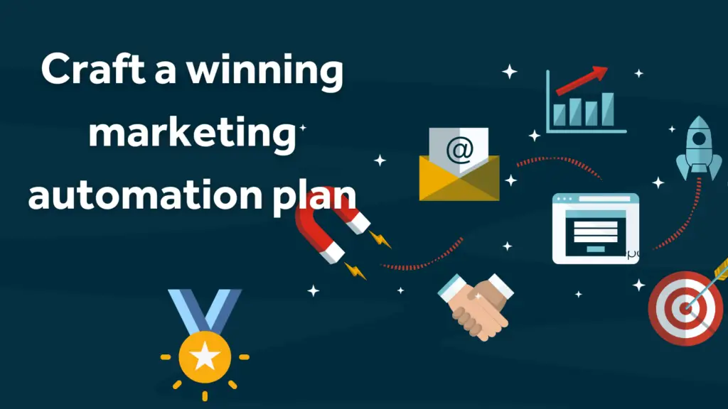 Marketing automation illustration with title Guide to crafting a marketing automation plan, on a dark blue background.