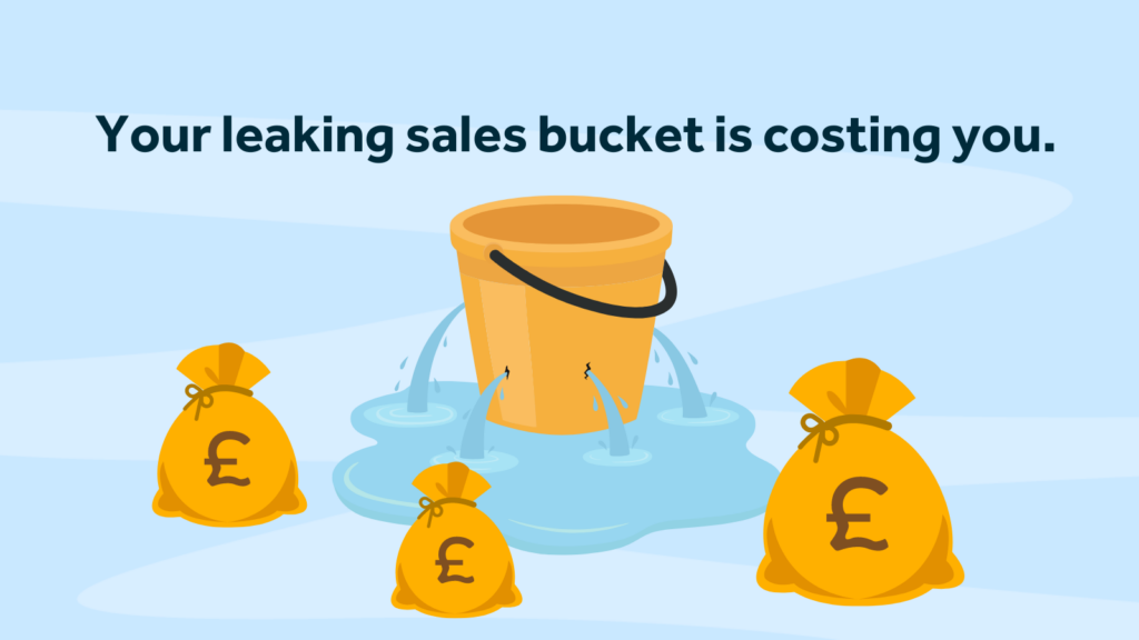 leaking bucket surrounded by money bags against a blue background.