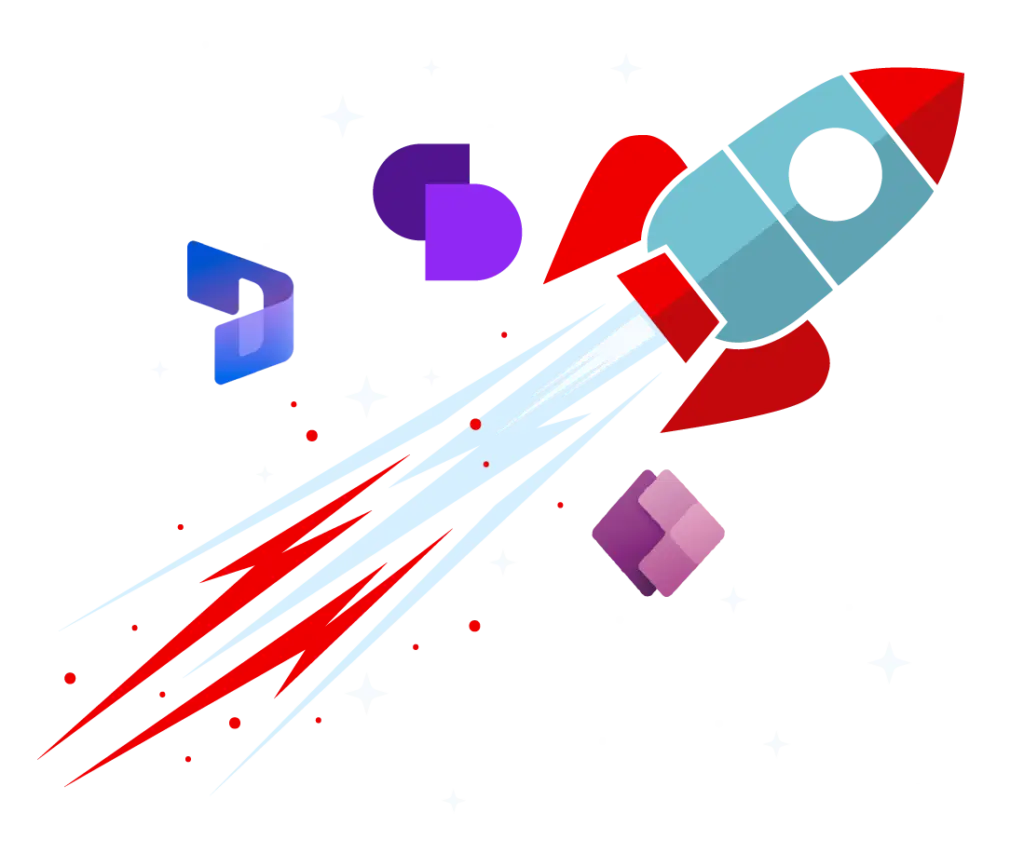Rocket CRM logo featuring a space shuttle alongside icons for Microsoft Dynamics 365, Click, and Power Apps
