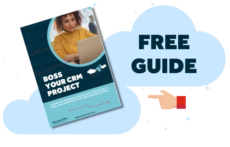 'Free guide' text with finger pointing to CRM project guide document in front of blue clouds denoting cloud CRM.