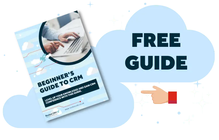 'Free Guide' text with finger pointing to Beginner's Guide to CRM document in front of blue clouds denoting cloud CRM.
