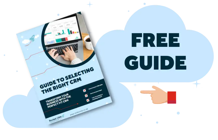 'Free guide' text with finger pointing to Guide to selecting the right CRM Guide in front of blue cloud denoting cloud CRM.