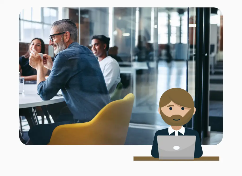 Corporate meeting with man enjoying a coffee.