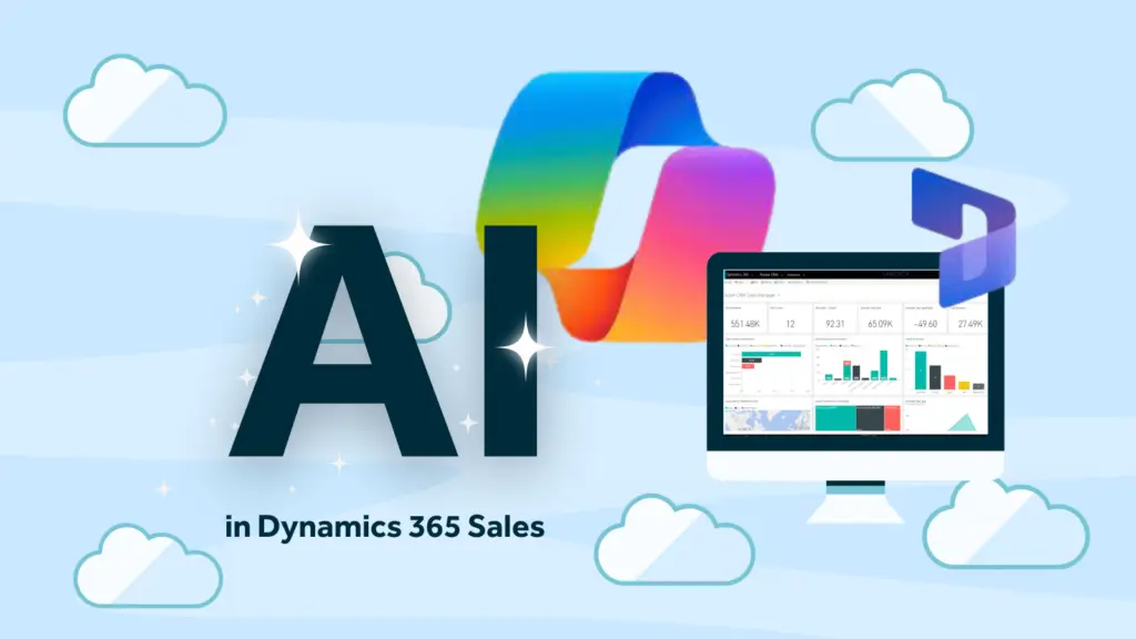 Text: 'AI in Dynamics 365 Sales' next to the Copilot logo and a desktop screen showing CRM software, on a blue background.