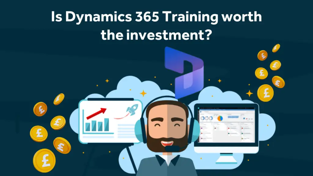 Image of Dynamics 365 partner wearing a headset next to a PC screen showing Dynamics 365 software and next to a training screen, with clouds to denote cloud software and coins to represent investment.