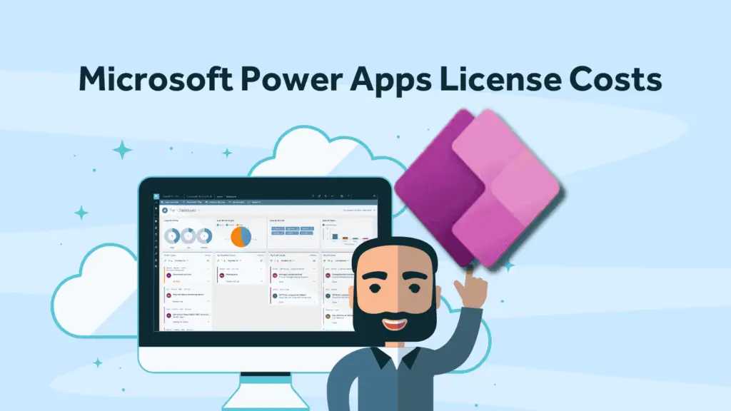 Illustration of desktop screen showing Power Apps software, with IT character rising finger pointing to Power Apps logo